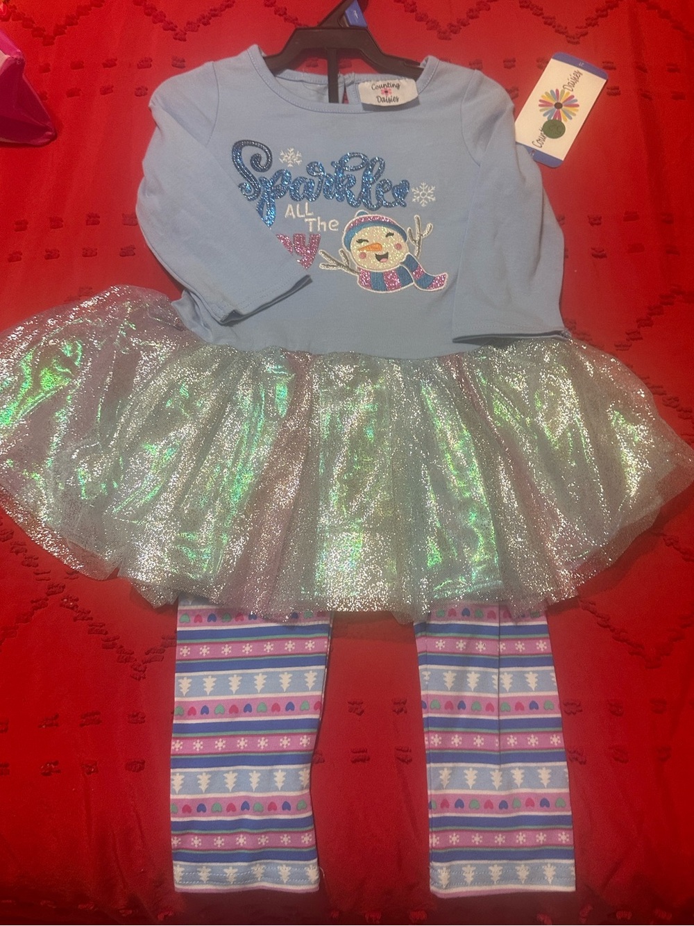 Christmas Girls' Light Blue Sparkle Snowman Tutu Set with Patterned Leggings